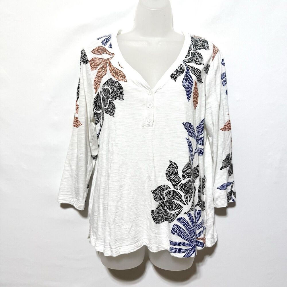 Chicos Leaf Print 3/4 Sleeve Slub Tee Womens 1 M Henley Neckline Cotton Blend